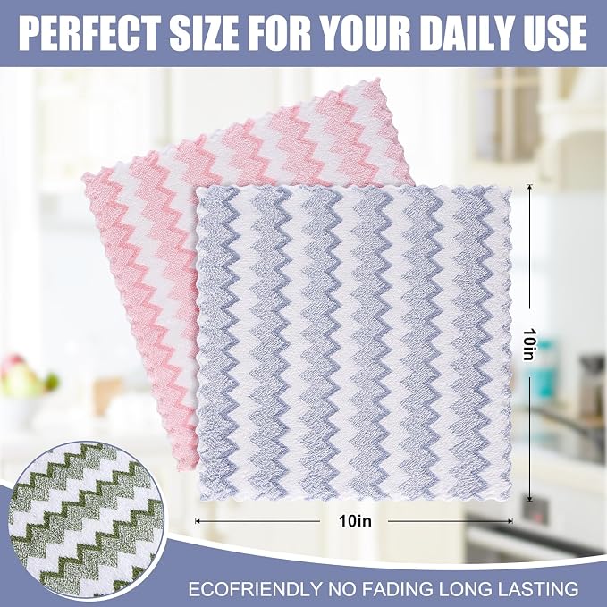 Homaxy 12 Pack Kitchen Dish Cloths, Ultra Soft and Absorbent Dish Towels, Reusable Fast Drying Microfiber Cleaning Cloth, Double Waves Coral Velvet No-lint, 10 x 10 inches, Blue/Green/Pink