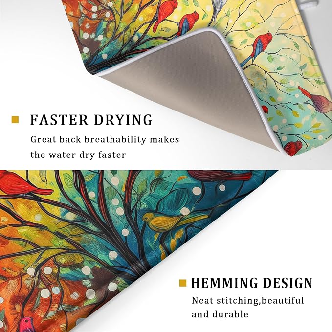 Dish Drying Mat for Kitchen Counter 18x24 Inch Summer Floral Birds Kitchen Drying Mat Fast Dry Absorbent Microfiber Dish Drainer Rack Pad Flower Mat for Countertop Decor