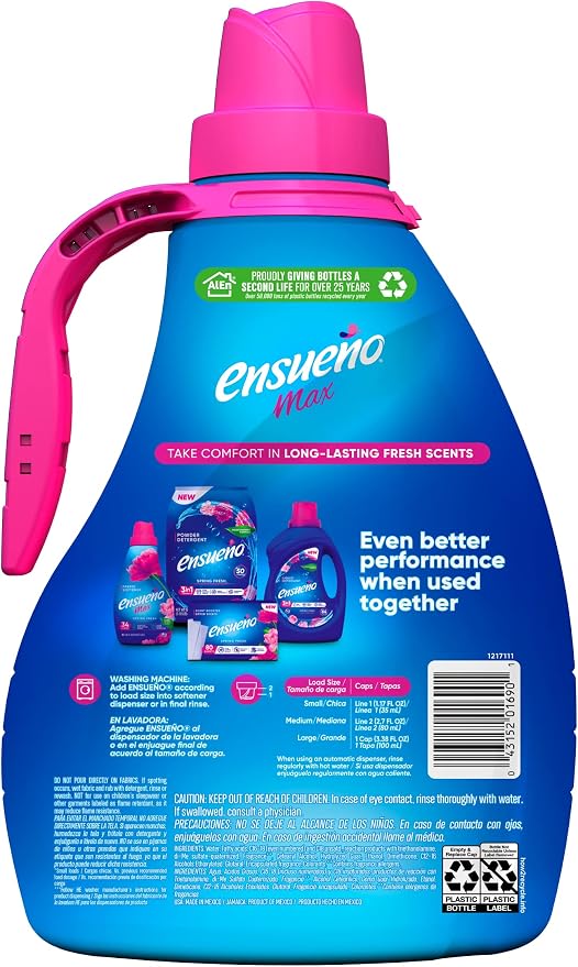 Ensueño Liquid Fabric Softener, Spring Fresh | 2 Pack | 125 fl oz | 123 Loads | Color-Safe