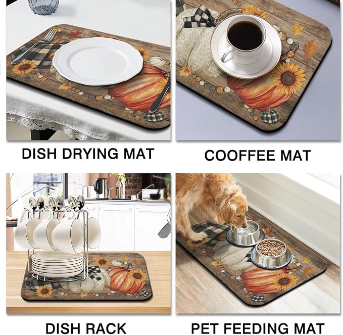 Fall Dish Drying Mat 2-Pack Plaid Pumpkin for Kitchen Counter Dishes Mat | Diatom Mud Mats (18x24, 19.5x12"). Non-slip rubber back for kitchen counter, coffee bar & sink scenes
