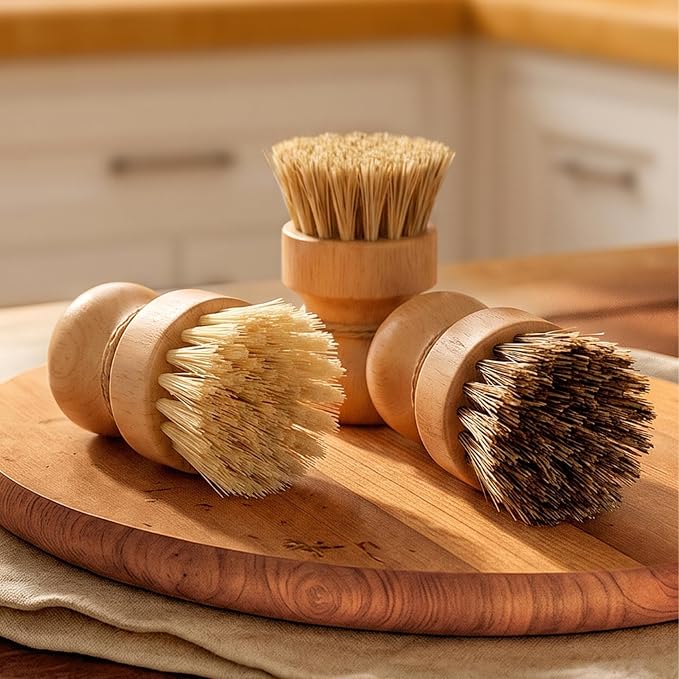 Dish Brush Set, Natural Fiber Kitchen Scrubber with Ergonomic Grip, Wooden Handle, 3 Pack