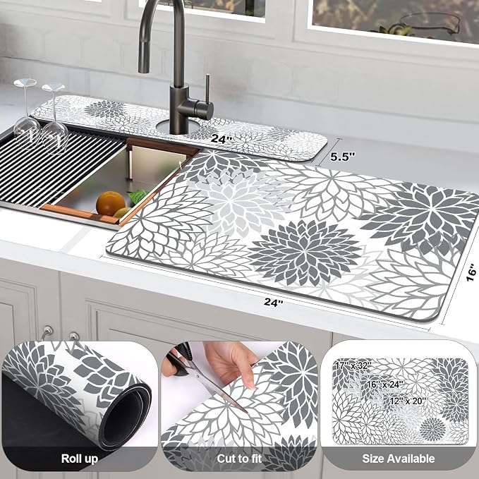 Findosom 2PCS 16" x 24" Dish Drying Mat & 24" x 5.5" Sink Splash Guard, Super Absorbent & Cuttable Dish Mat Drying Kitchen Mat with Gray Floral, Hide Stain Drying Mat for Kitchen Counter
