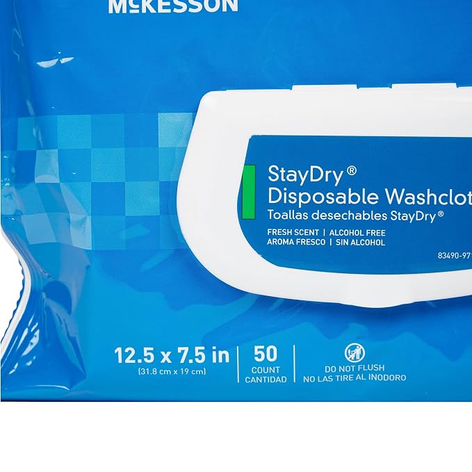 McKesson StayDry Pre-Moistened Disposable Wipe - Large Adult Body and Incontinence Washcloths with Aloe and Vitamin E, Alcohol-Free, 50 Wipes Per Pack