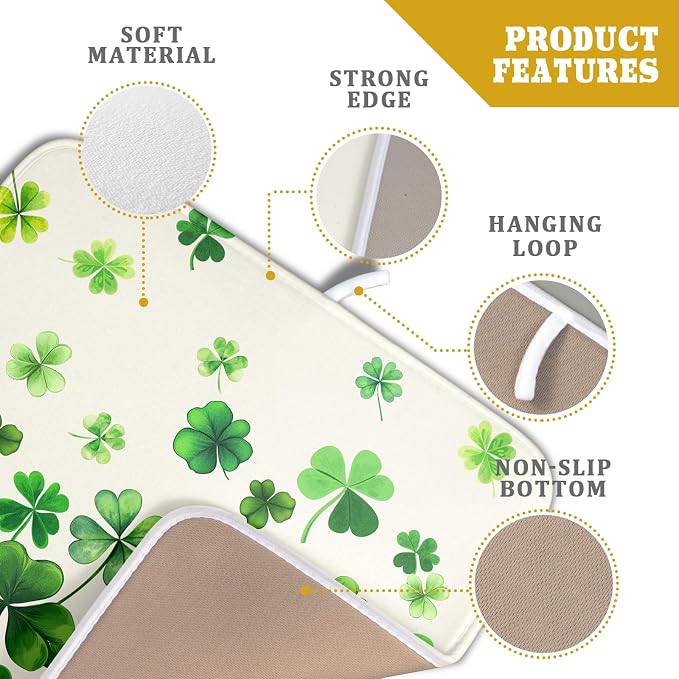 Spring Sage Green Shamrocks Drying Mat 16x18 Inch St. Patrick's Day Irish Shamrock Clover Dish Rack Pad Super Absorbent Dish Drainer Mat Dish Drying Pad Mats Protector for Kitchen Counter Coffee Bar