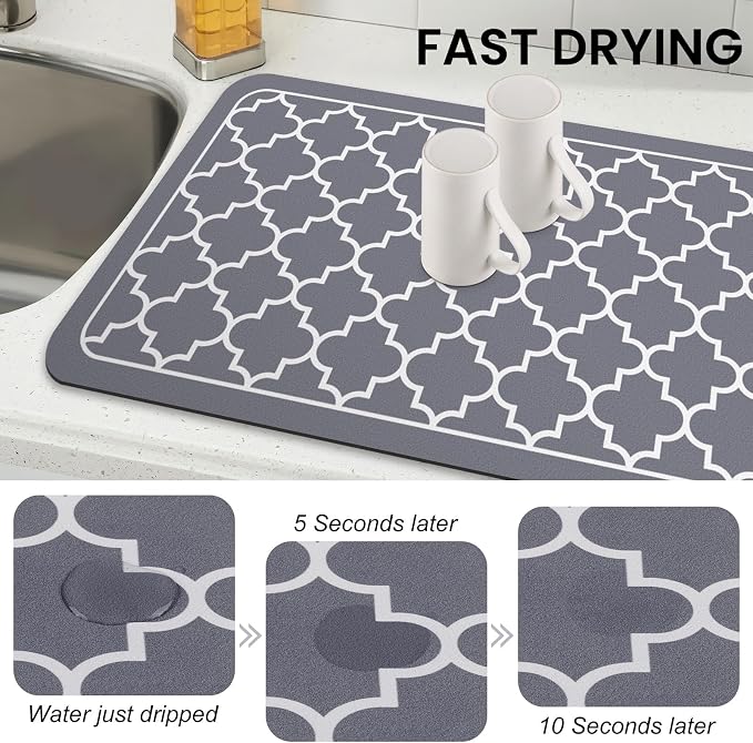 WISELIFE Dish Drying Mat Super Absorbent Drying Mat Large Dish Drying Mats for Kitchen Counter Easy Clean Dish Mat Kitchen Drying Mat18"x 28" Stylish Grey