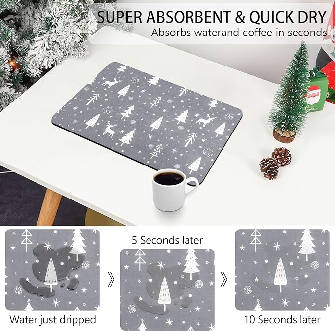 Christmas Dish Drying Mat, 12" x 19" Drying Mat for Kitchen Counter, Super Absorbent Coffee Mats Fits Under Coffee Maker, Kitchen Accessories for Espresso Machine, Gray