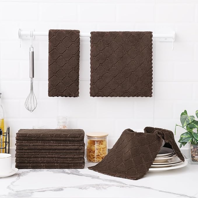 Homaxy 12 Pack Dish Towels for Kitchen (10 x 20 Inches, Brown), Super Soft and Absorbent Coral Velvet Dish Cloths for Washing Dishes, Nonstick Oil Fast Drying Microfiber Cleaning Cloth