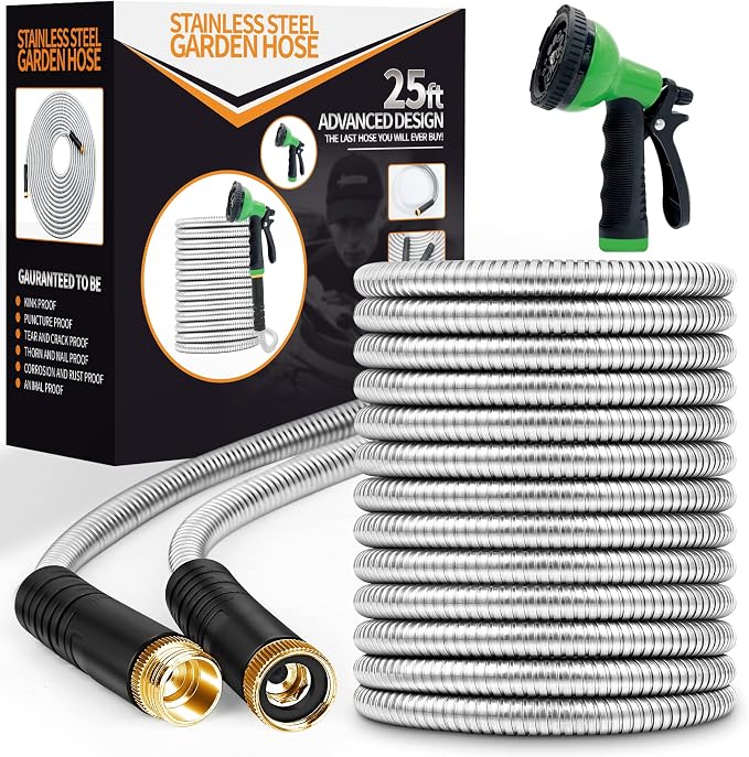 Garden Hose 25ft, Stainless Steel Heavy Duty Water Hose with 10 Function Nozzle Flexible, Lightweight, No-Kink, Pet Proof, Puncture Proof Metal Hose for Yard, Outdoor