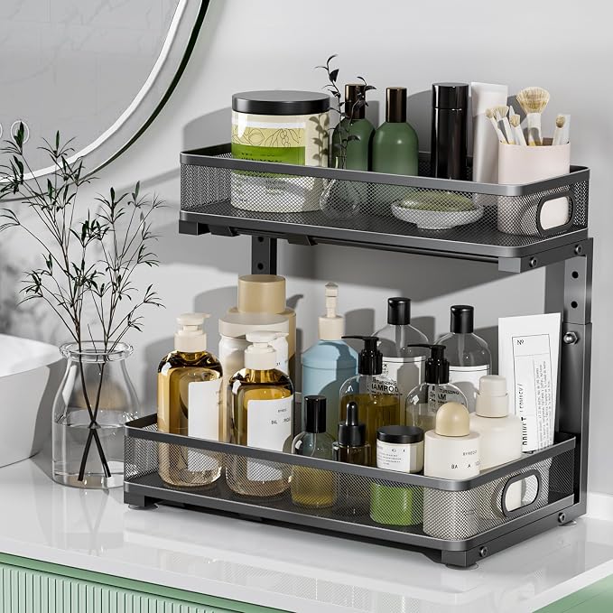 Under Sink Organizer 2 Pack, High Adjustable 2 Tier Under Sink Organizers and Storage, Slide out Metal Cabinet Organizers, Pull out Storage Drawer Shelf for Kitchen Bathroom Cabinet (Black-1pack)