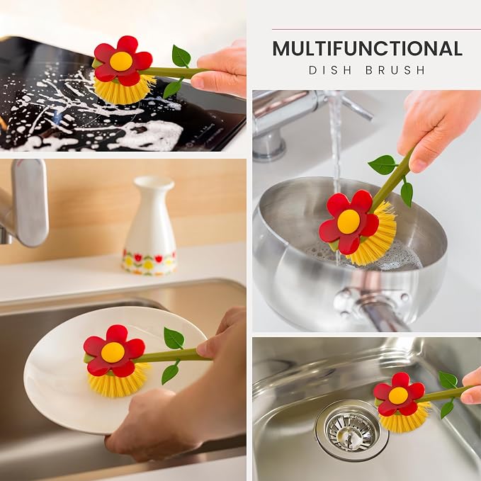 Vigar Flower Power Dish Brush - Flower-Shaped, Dish Brush with Handle, Dish Scrubber with Stand, Scrub Brush for Dishes, Dishwashing Brush, Kitchen Scrub Brush, Kitchen Essentials - White, Red