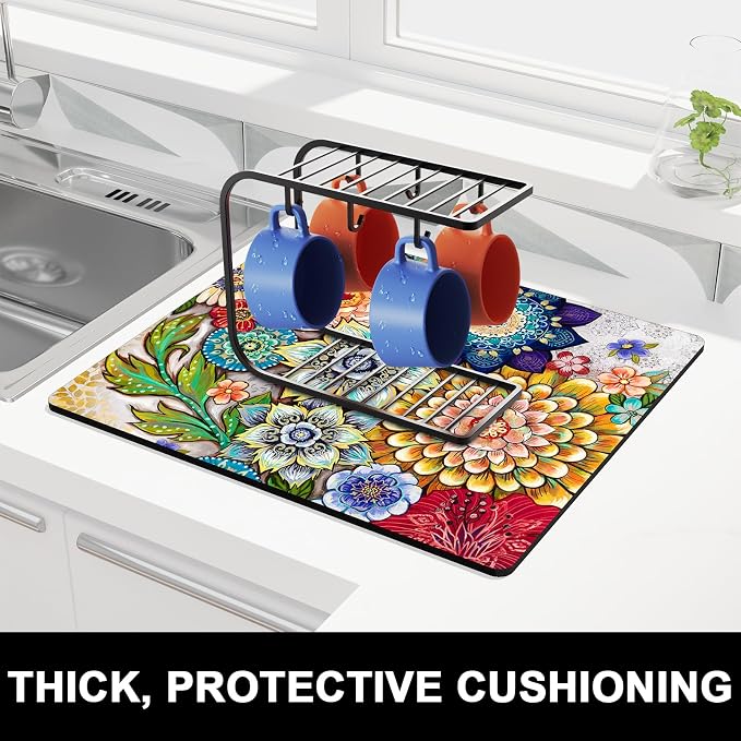 Rnivvi Dish Drying Mat for Kitchen Counter, 16 x 18" Cute Flower Theme Absorbent Heat Resistant Drying Pad with Non-slip Rubber, Coffee Bar Mats for Coffee Machine Dish Rack, Mandala Floral