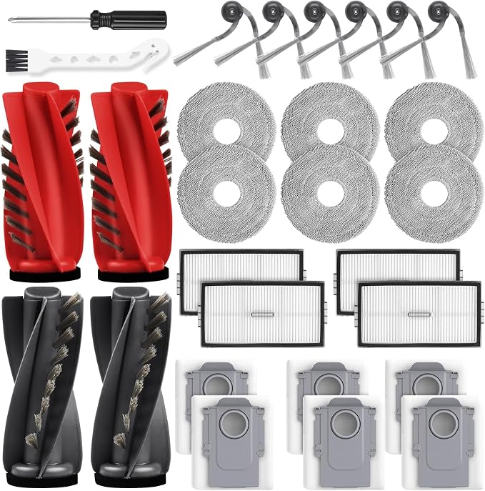 28 Pack Accessories Kit for Roborock Saros 10R/Saros 20/Qrevo Edge 2 Vacuum | 2 Pairs Mainbrush 6 Side Brush 4 Filter 6 Mop Pads 6 Dust Bags 1 Cleaning Brush 1 Screwdriver
