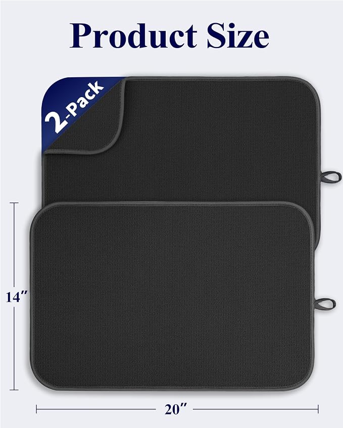 Kitsure Dish Drying Mat - 2-Pack Washable Microfiber Drying Mat for Kitchen Counter, 3-Layer Ultra Absorbent Pad with a Hanging Hook, 20" x 14", Black