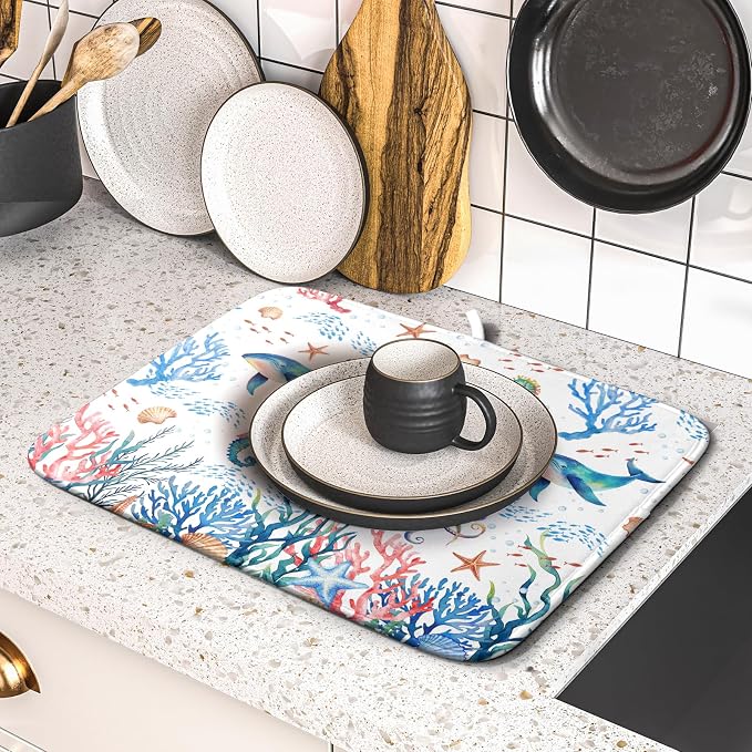 Giwawa Coastal Ocean Dish Drying Mat Seahorse Whales Drainer Rack Mats 16"x18" Absorbent Microfiber Dish Drying Pad Protector for Kitchen Counter