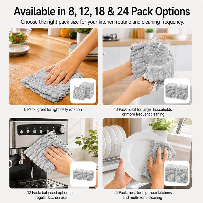 kimteny Microfiber Dish Cloths for Kitchen, 8 Pack 12 x 12 Inch Coral Velvet Kitchen Cleaning Cloths, Absorbent Reusable Non-Scratch Dish Rags for Dishes, Countertops & Sink