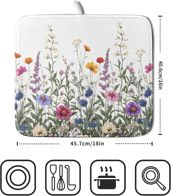 Giwawa Flower Herbs Dish Drying Mat Botanical Plant Dishes Drainer Mat 16x18 inch Reversible Microfiber Drying Dish Pad for Kitchen Counter Decor
