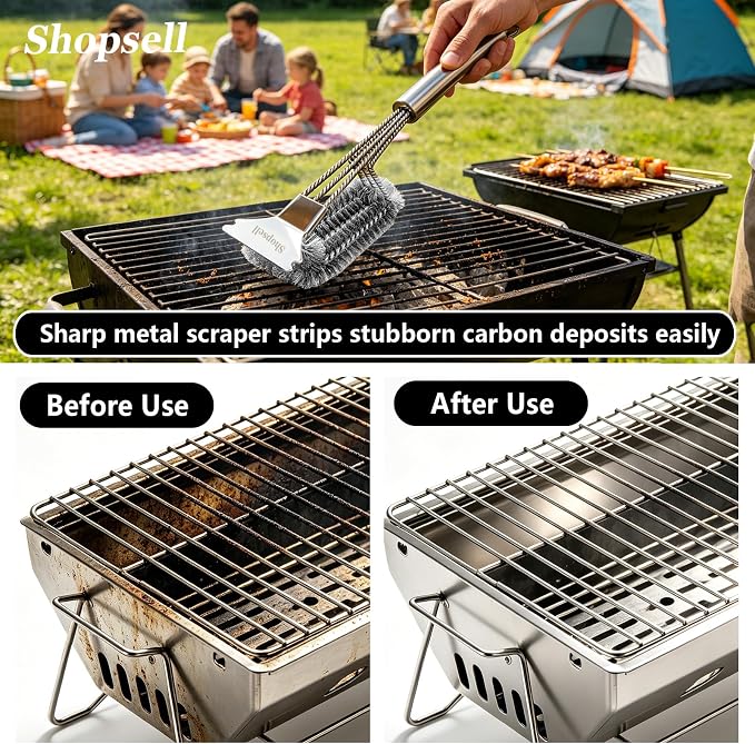 Grill Cleaning Brush with Scraper, Stainless Steel BBQ Grate Tool | 3-in-1 grill cleaner with scraper and bottle opener, anti-rust steel bristles works for gas, charcoal, porcelain grills