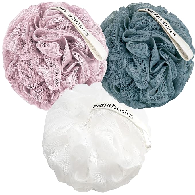 MainBasics Shower Loofah Sponge Pouf, Set of 3, Airy Blossom | Soft Mesh Body Scrubber and Bath Sponge for Gentle Exfoliation, Rich Lather, and Everyday Shower Use