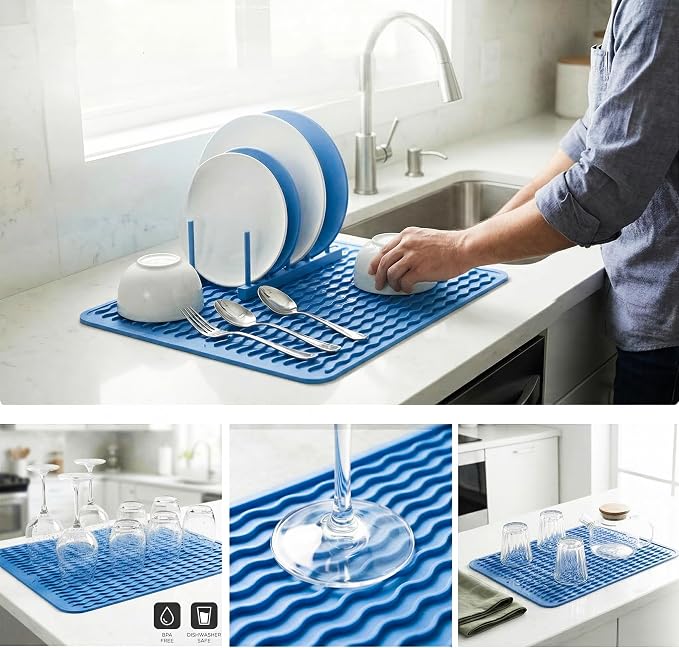 MicoYang Silicone Dish Drying Mat — Quick-Dry Ridges Counter & Sink Pad, Heat-Resistant Trivet to 450°F, Non-Slip & Dishwasher Safe, Roll-Up Storage, 18 Colors & 9 Sizes (Lichen Blue, 16"×12")