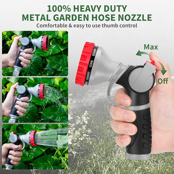Hose Nozzle,Heavy Duty Metal Garden Hose Nozzles - 10 Spray Patterns | Leak-Proof Hose Sprayer Nozzle with Thumb Control, High Pressure Water Hose Nozzle for Watering Plants, Car and Pet