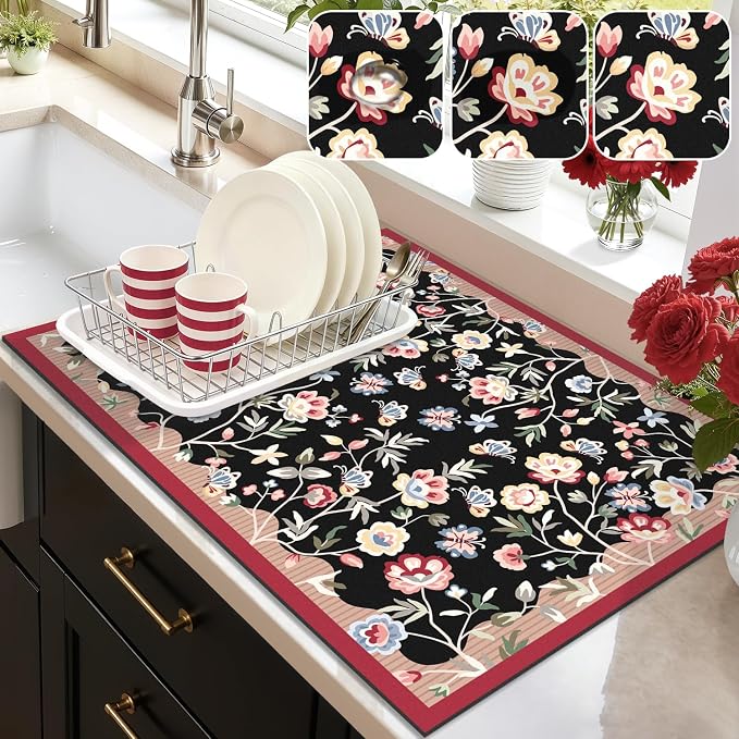LOKHOM Floral Dish Drying Mat, 18"x24" Super Absorbent Non-slip Bordered Coffee Mat with Oil Painting Black Floral, Cuttable Hide Stain Drying Mat for Kitchen Counter Coffee Maker Espresso Machine