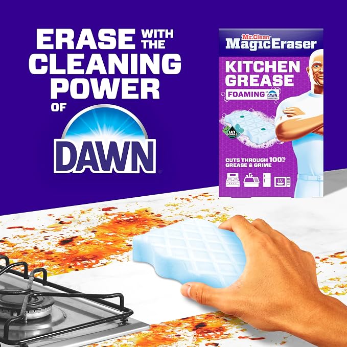 Mr. Clean Magic Eraser Foaming Sponge, Kitchen Grease Eraser, Dawn Cleaning Power, Oven Cleaner, Unstopables Fresh, 8ct