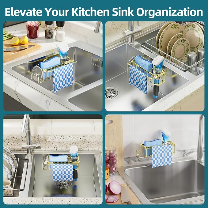 TAILI 4-in-1 Sink Caddy with Strong Suction Cup, Sponge Holder for Kitchen Sink Organizer, Removable, Rustproof, Stainless Steel Holder for Sponge, Brush, Scrubber, Scraper - Gold