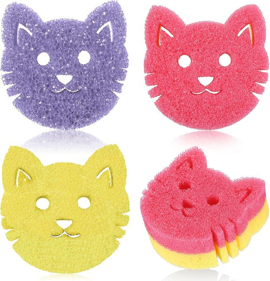 FillTouch 3 Pcs Dual Sided Scrub Sponge Multi Functional Cute Temperature Sensitive Non Scratch Dish Sponge for Washing Dishes Kitchen Bathroom(Cat,Pink, Yellow, Purple)