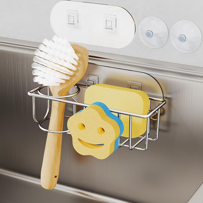 HapiRm Sink Caddy Sponge Holder - No Drill Kitchen Sink Organzier with Smiley Face Sponge Holder, Rustproof and Waterproof Kitchen Organizer - Silver