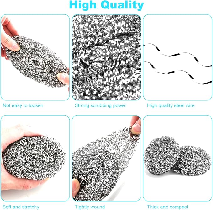 15 Pack Steel Wool Scrubber, Metal Kitchen Scrubbing Sponges, Dishwashing Scouring Pads Heavy Duty, Premium Stainless Steel Scrubbers for Cleaning Dishes Pots and Pans Bathroom Oven (Sliver) by VOPTON