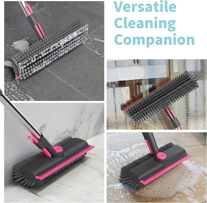 AIR U+ Floor Scrub Brush with Long Handle, 3-in-1 Rotating Head & Squeegee | Stiff Dual-Sided Bristles for Shower, Bathroom, Kitchen and Patio, 30–50 In Handle for Easier Stand-Up Cleaning, Gray & Pink