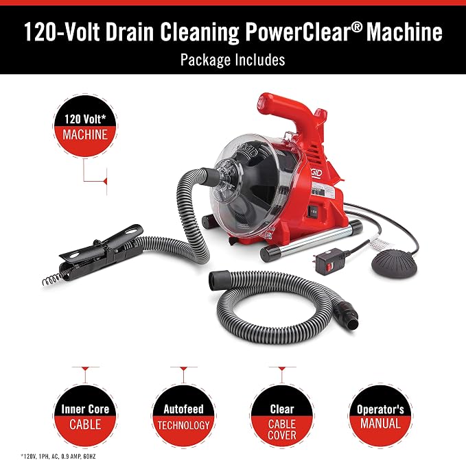 RIDGID 55808 PowerClear 120-Volt Drain Cleaning Machine Kit for Tubs, Showers, and Sinks, Drain Cleaner Machine Kit with AUTOFEED, Inner Core Cable, and Guide Hose