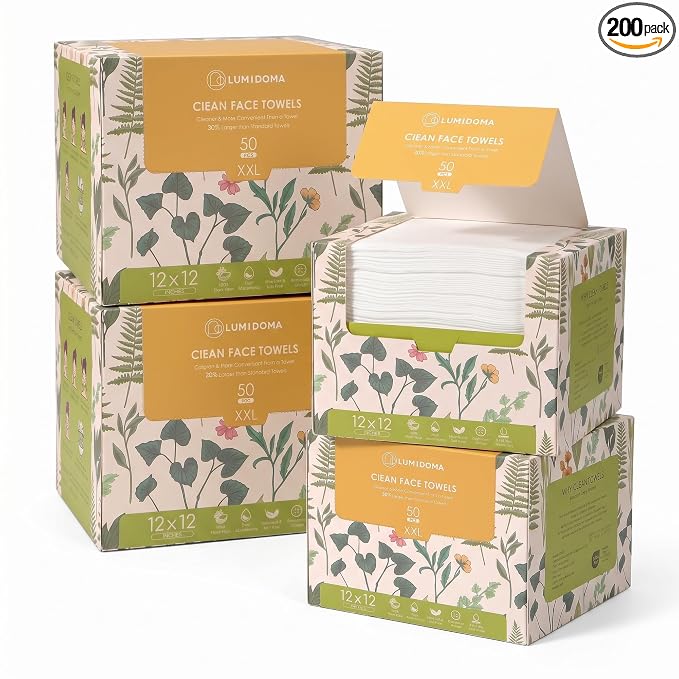 XXL Disposable Face Towel 12x12 Inches Extra Thick Facial Cleansing Cloths, 100% Plant-Based Pure Fiber Dry Wipes for Sensitive Skin, Makeup Removing, 4 Boxes 200 Count