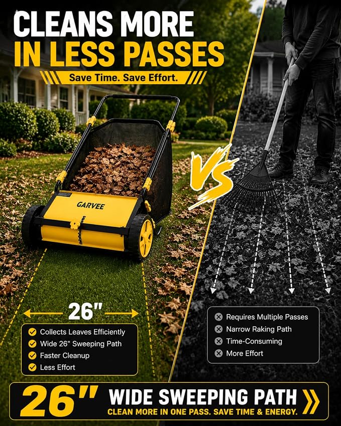 26 Inch Push Lawn Sweeper with 7 Cu. Ft. Large Mesh Collection Bag | Heavy Duty Steel Frame, 10" Rubber Wheels, 4 Spinning Brushes, Manual Height Adjustment for Leaves, Grass and Yard Debris