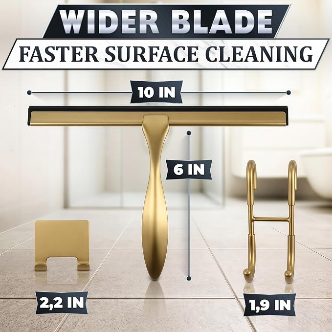 Gold Squeegee for Shower Glass, 10" Silicone Blade, Stainless Steel | Shower Door Squeegee with Hook, Adhesive Mount; All-Purpose Bathroom Tile, Mirror, & Window Wiper for Streak-Free Cleaning