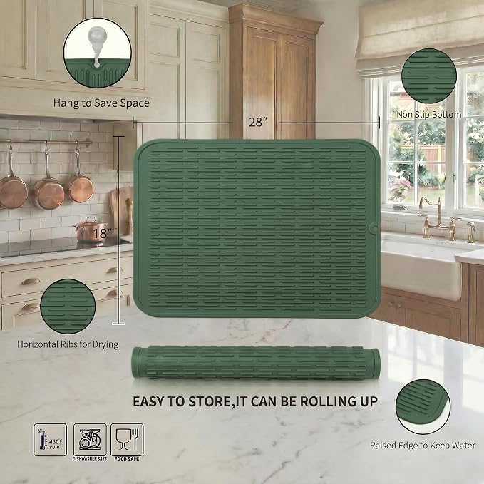 MicoYang Silicone Dish Drying Mat for Multiple Usage,Easy clean,Eco-friendly,Heat-resistant Silicone Mat for Kitchen Counter or Sink,Refrigerator or Drawer Liner Green 3XL 28 inches x 18 inches