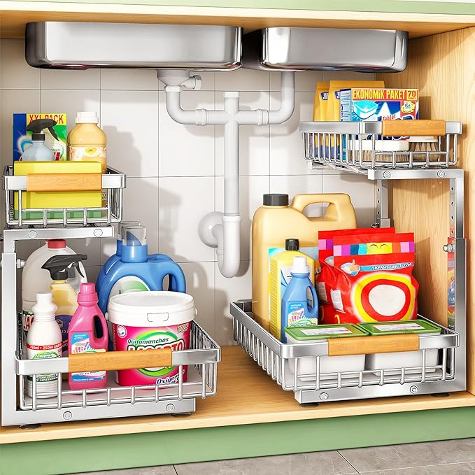Kitstorack Under Sink Organizer, 2 Tier Under the Sink Storage, Slide out Pull out Cabinet Organizer Shelf, Metal Sliding Drawer for Kitchen Bathroom Pantry Closet Organization Rack, Silver, 1 Pack