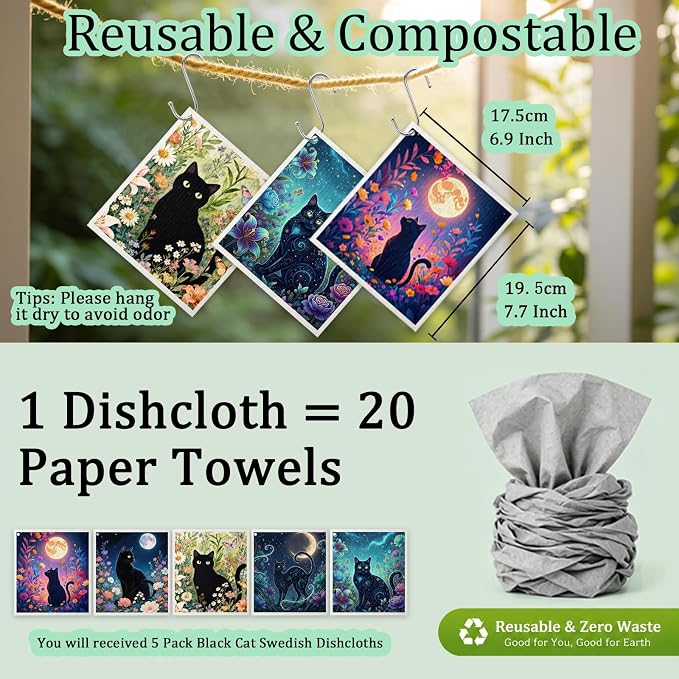 Swedish Dishcloths for Kitchen 5 Pack Black Cat Reusable Paper Towels with 3 Hooks Absorbent Washable Dish Cloth Set Cleaning Cloth for Housewarming