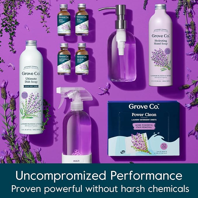 Grove Co. Multi-Purpose Cleaner Refills, 6 x 1fl oz, Lavender & Thyme | 6 refills; Plant-based; No plastic waste; Ammonia & chlorine free; No Harsh Chemicals