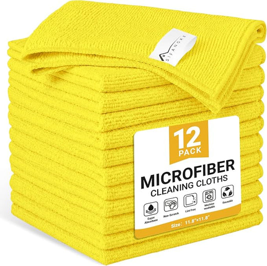 SIFANGKE Microfiber Cleaning Cloth, 12 Pack Yellow Cleaning Rags for Housekeeping, Reusable Microfiber Towels for Car, Kitchen, Bathroom and Household Cleaning Supplies, 11.8"X11.8"