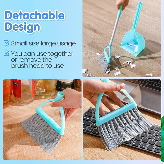 Roshtia 4 Pcs Mini Broom with Dustpan for Kids Broom and Dustpan Set Toddler Cleaning Set Boys Girls Small Cleaning for Kitchen Bathroom Pet (Yellow,Red,Green,Hoary)