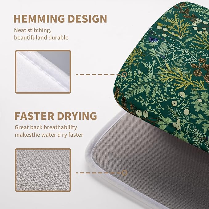 Dark Green Plant Dish Drying Mat for Kitchen Counter Vintage Botanical Floral Leaf Dishes Drying Mat Absorbent Microfiber Dish Draining Pad Washable Dish Drainer Rack Mats 16x18 Inch