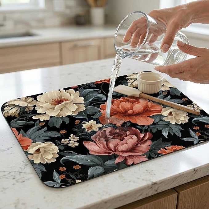 Floral Dish Drying Mat for Kitchen Counter Sink, Vintage Flower Absorbent Microfiber Pad, Reversible Washable Countertop Mat for Home Decor