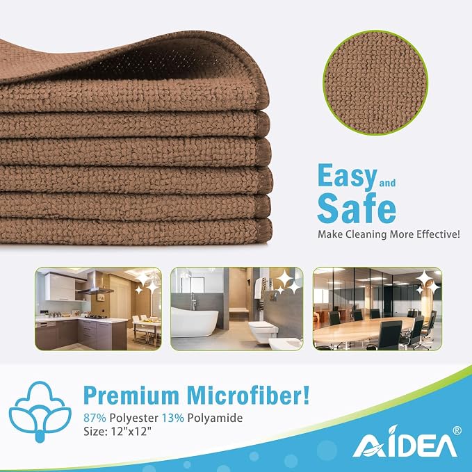 AIDEA Brown Microfiber Cleaning Cloth-12PK, Cleaning Rags 12"x12" Absorbent | Microfiber Towels for Cars Lint Free, Reusable Microfiber Rags, Kitchen Towel Dusting Cloth, Dish Rags for Home/Window