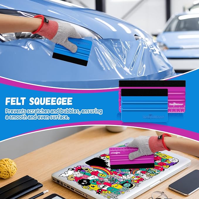TECKWRAP Professional Felt Squeegee for Vinyl, 20 PCS | Plastic Felt Squeegee Tool, For Decals Inkjet Vinyl Sticker Paper, Wallpaper Application Tools, 6" Pitaya×10 & 4" Blue×10