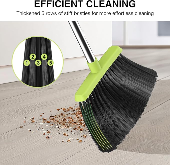 NACENA Broom and Dustpan Set with 52-in Long Adjustable Handle, Green | Broom Dustpan Combo with Dustpan Teeth to Automatically Clean Hair Suitable for Home Kitchen Office Hall Floor