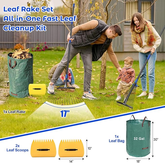 Garden Leaf Rake Set: 18 Tines Adjustable Rake, 2 Leaf Scoops, 32Gallon Leaf Bag, Metal Leaf Rakes with 8-17" Expandable Head, 60” Long Handle, Heavy Duty for Women Kids Lawn Yard Leaves Raking