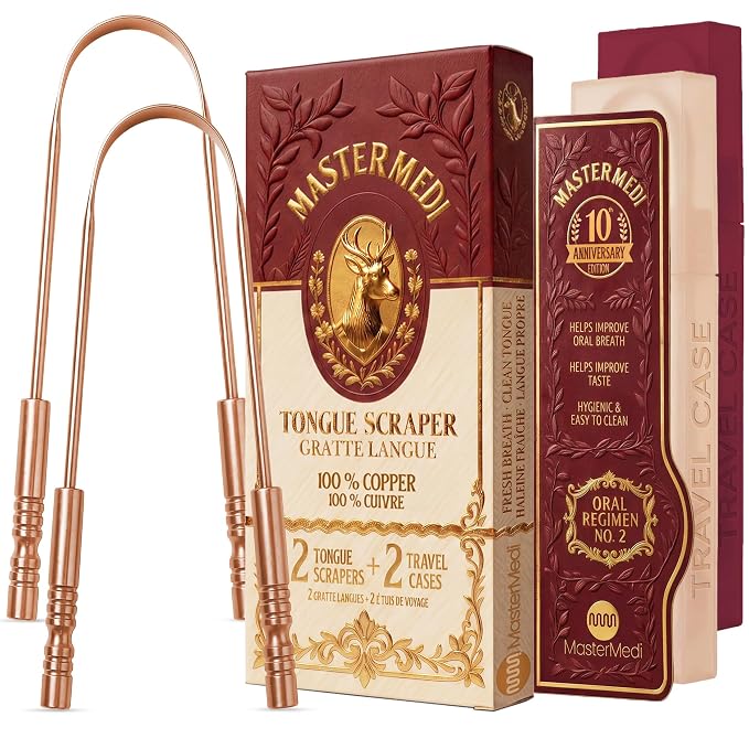 MasterMedi Tongue Scraper with Case Easy to Use Tongue Scraper for Adults, Tongue Cleaner for Oral Care & Hygiene Copper Set of 2 (with Travel Case)