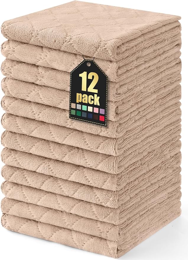 Homaxy 12 Pack Dish Towels for Kitchen (13 x 19 Inches, Tan), Super Soft and Absorbent Coral Velvet Dish Cloths for Washing Dishes, Nonstick Oil Fast Drying Microfiber Cleaning Cloth