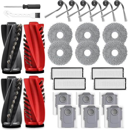 28 Pcs Qrevo S5V Replacement Parts for Roborock Qrevo Curv/S5V Robot Vacuum | 2 Pairs Mainbrush 4 Filter 6 Dust Bags 6 Mop Pad 6 Sidebrush 1 Cleaning Brush 1 Screwdriver
